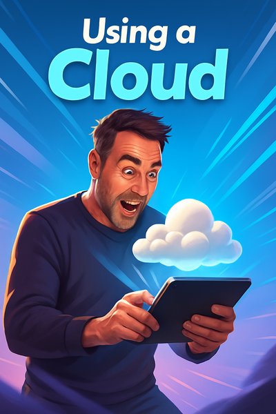 Excited Man Using Tablet with Cloud Graphic