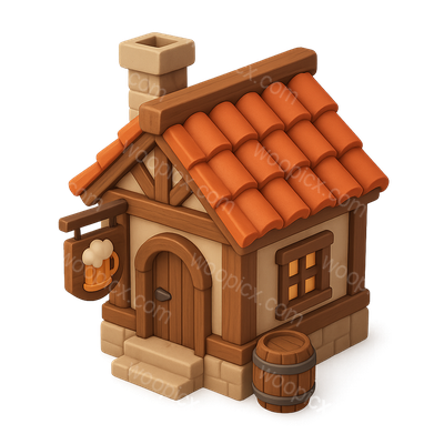 3D Isometric Tavern Icon with Beer Mug and Barrel