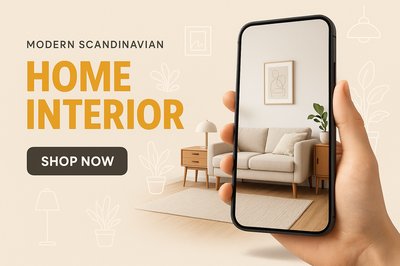 Modern Scandinavian Home Interior Advertisement with Smartphone Display
