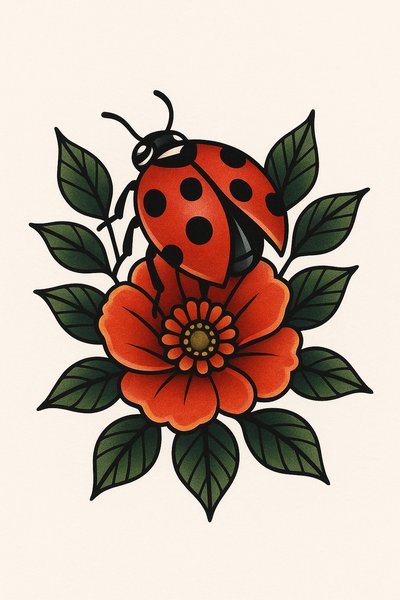 Colorful Ladybug and Flower Illustration with Bold Lines