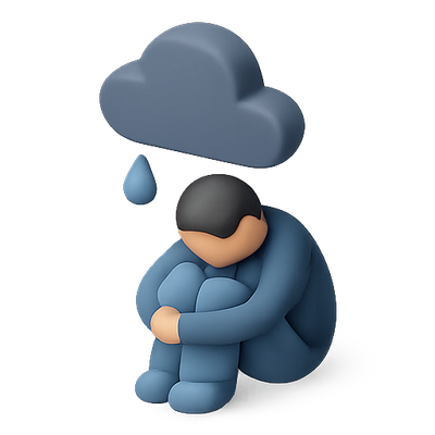 3D Illustration of a Sad Character Under a Cloud