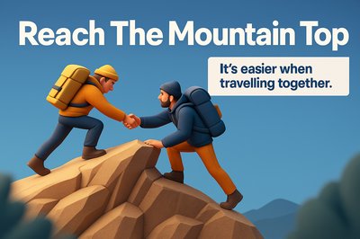 Hikers Collaborating to Conquer the Mountain Top Illustration