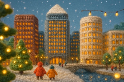 Whimsical Winter Scene at Canary Wharf in Soft Textiles