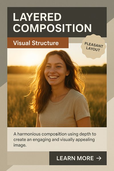 Happy Woman in a Field with Sunlight and Layered Design