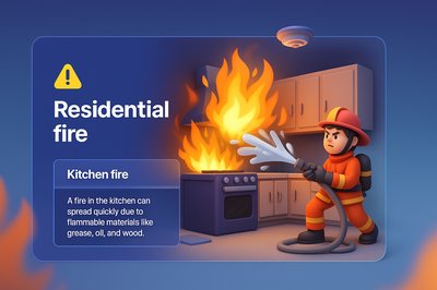 Residential Kitchen Fire Emergency Response Illustration