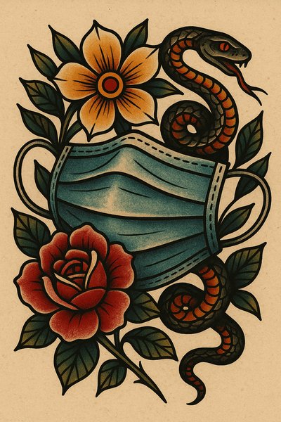 Colorful Tattoo-Style Artwork Featuring a Mask, Snake, and Flowers
