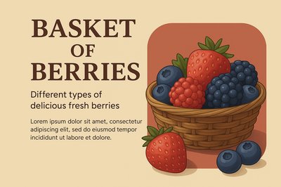 Basket of Berries with Fresh Fruits and Text Elements