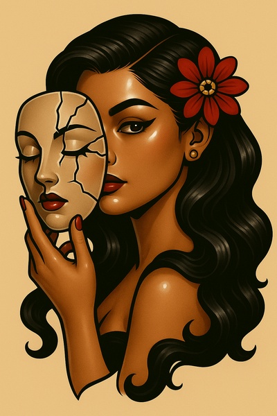 Stylized Woman Holding a Cracked Mask in Artistic Tattoo Style
