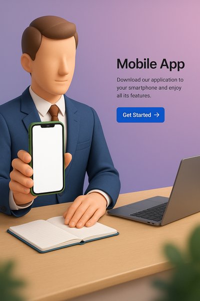 Realistic 3D Consultant Holding Green Phone with App Promotion