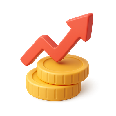 3D Stacked Coins Icon with Arrow Showing Growth
