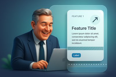 3D Businessman with Laptop and Feature Description Block