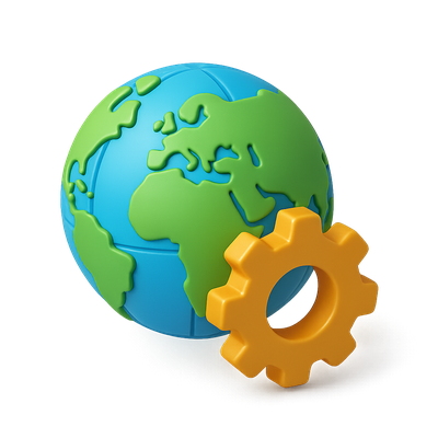 3D Globe and Gear Icon Representing Global Connectivity