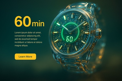 Hyperrealistic 60 Min Timepiece with Neon Accents and Glass Aesthetics