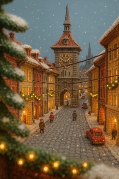 Festive Night in Bern's Old Town Captured in Yarn Art