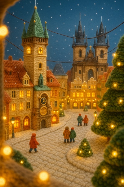 Whimsical Woolen Scene of Old Prague at Christmas