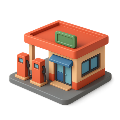 Stylized 3D Gas Station Icon with Volumetric Design