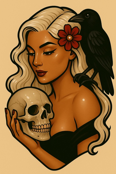 Stylized Tattoo Design of a Woman with Skull and Crow