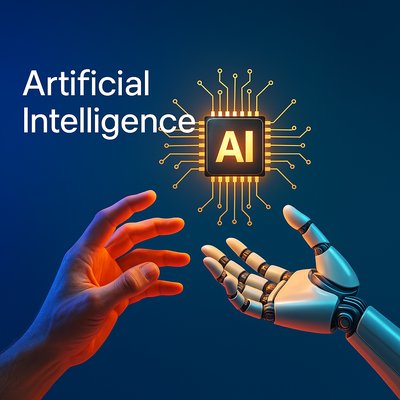Human and Robot Hands with AI Chip Concept