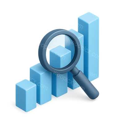 3D Bar Chart Icon with Magnifying Glass in Isometric View