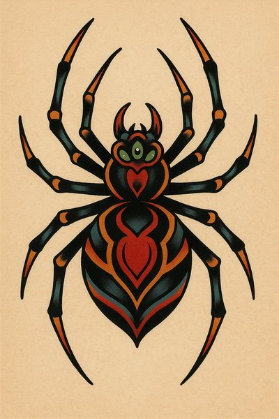 Stylized Spider Illustration with Bold Colors and Patterns