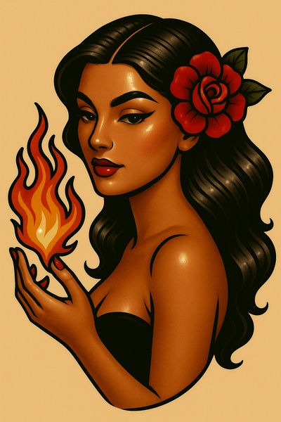 Stylized Woman with Flame and Rose in Hand