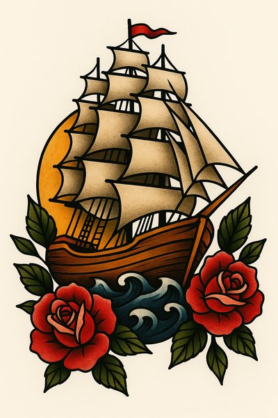 Traditional Tattoo Style Ship Illustration with Roses