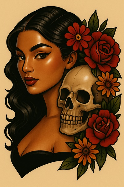 Girl with Skull and Flowers in a Tattoo Style