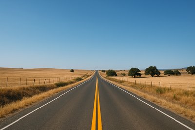 Scenic Open Road with Golden Fields Under Clear Blue Sky