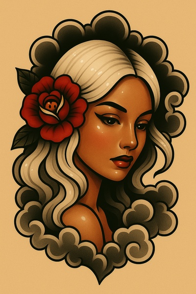 Stylized Tattoo Art of a Girl with a Rose