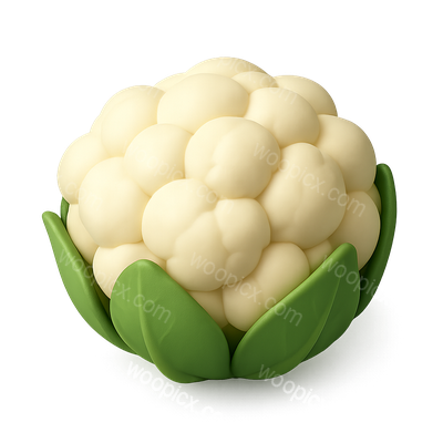 3D Cauliflower Icon with Green Leaves in Isometric View