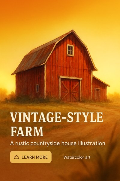 Rustic Vintage-Style Farm Watercolor Illustration