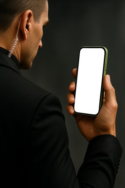 Guard Holding a Green Phone in Vigilant Stance