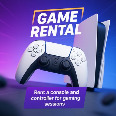 Promotional Gaming Rental Graphic Featuring Console and Controller