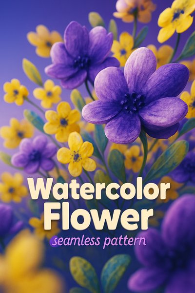 Vibrant Yellow and Purple Floral Watercolor Pattern Design