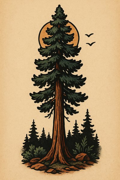 Illustrative artwork of a tall tree with a sunset background