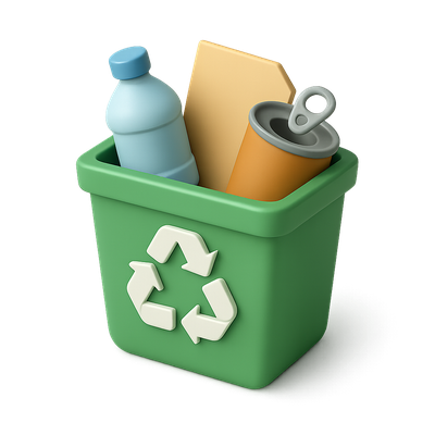 3D Recycling Bin Icon with Waste Materials