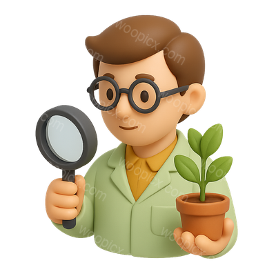 3D Botanist Icon with Magnifying Glass and Plant