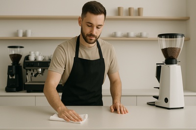 Barista Cleaning Counter in Modern Cafe Setting