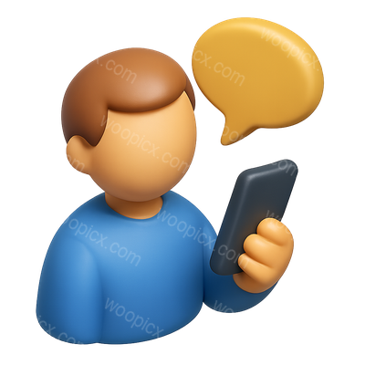 3D Icon of Person Holding Device with Speech Bubble