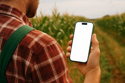 Farmer Holding a Green Phone in a Field