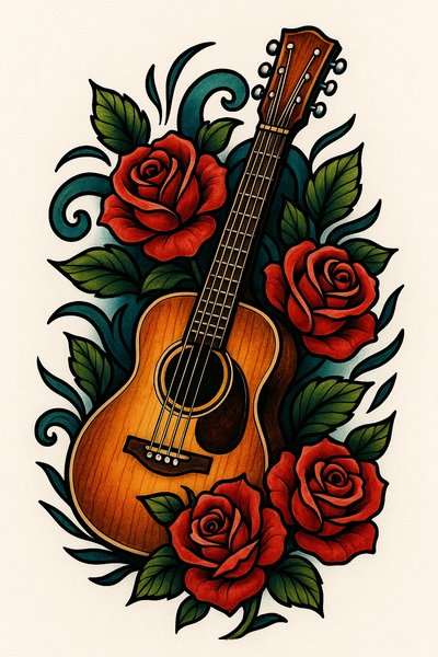 Artistic Illustration of a Guitar Surrounded by Roses