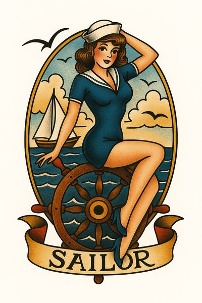 Vintage Sailor Girl Illustration with Nautical Elements