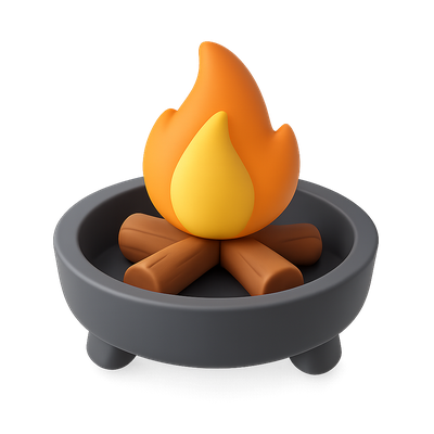 Stylized 3D Fire Pit Icon with Logs and Flames