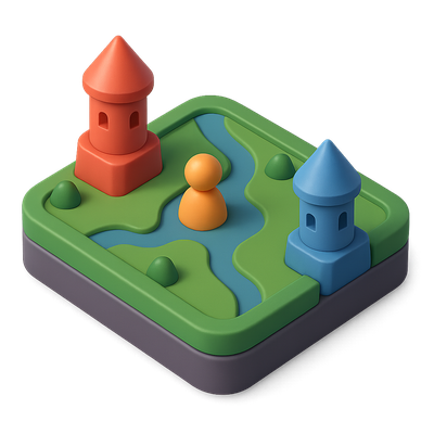 Colorful 3D MOBA Game Icon with Towers and Pawn