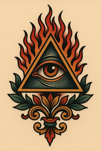 Detailed illustration of an eye within a triangle surrounded by flames