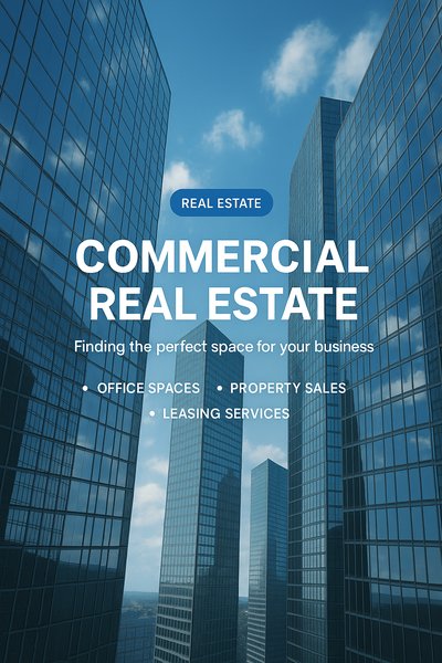 Commercial Real Estate Promotional Graphic with Modern Architecture