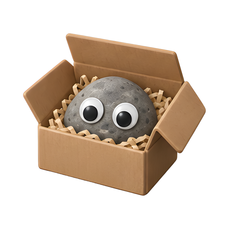 quirky pet rock in a box