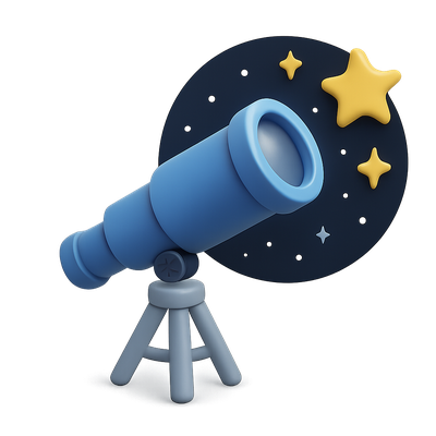 Stylized 3D Telescope Icon with Stars and Moon