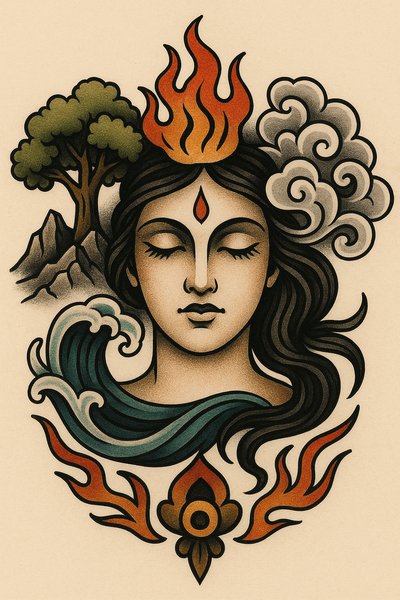 Artistic depiction of a serene goddess with natural elements