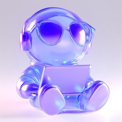 Playful 3D Character with Headphones and Laptop